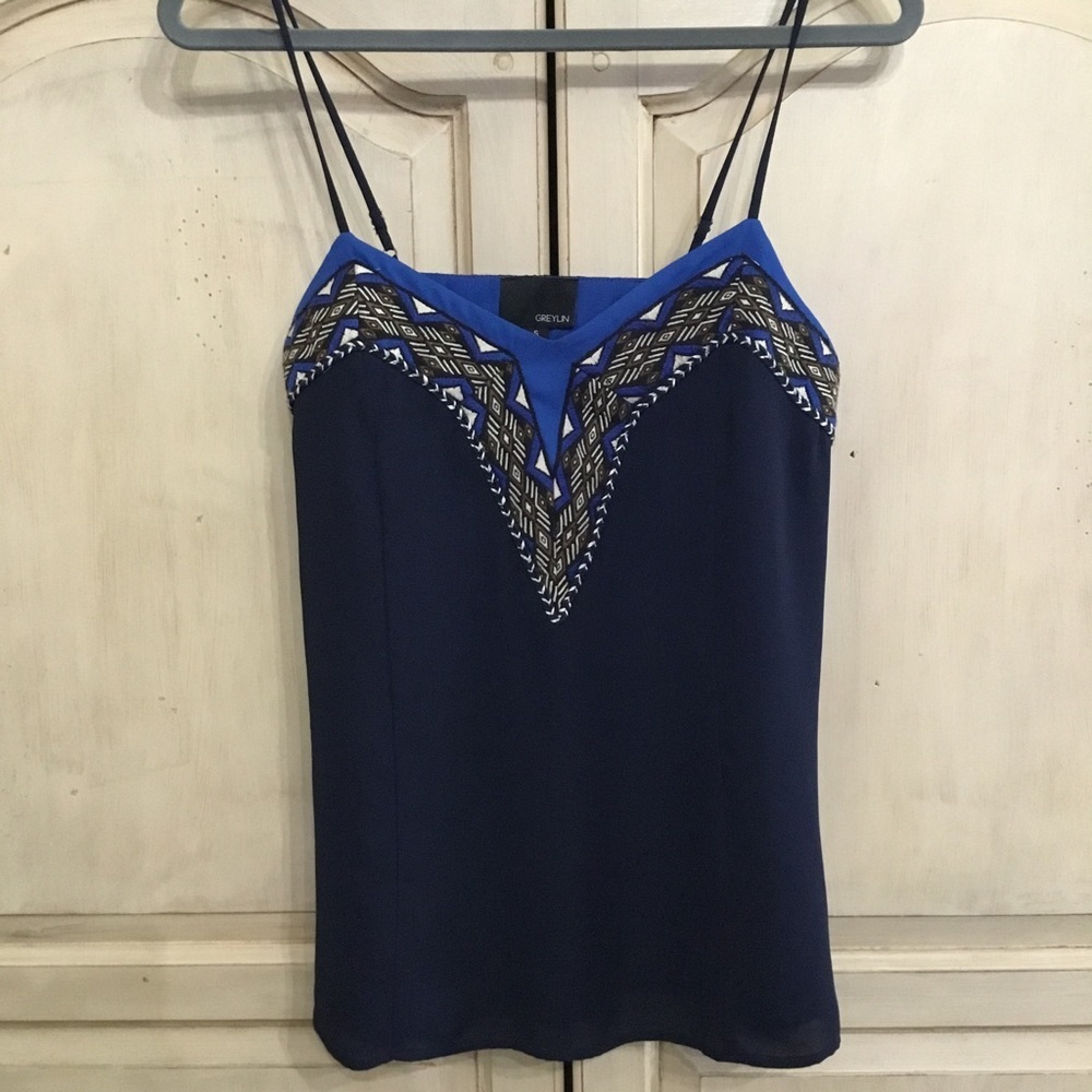 Greylin Anthropologie Womenβs Blue Embroidered Aztec Cami Tank Top Size S EUC
